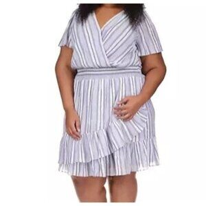 Michael Kors Faux Wrap Dress Size 2X Blue Striped Metallic Ruffle Hem V-Neck